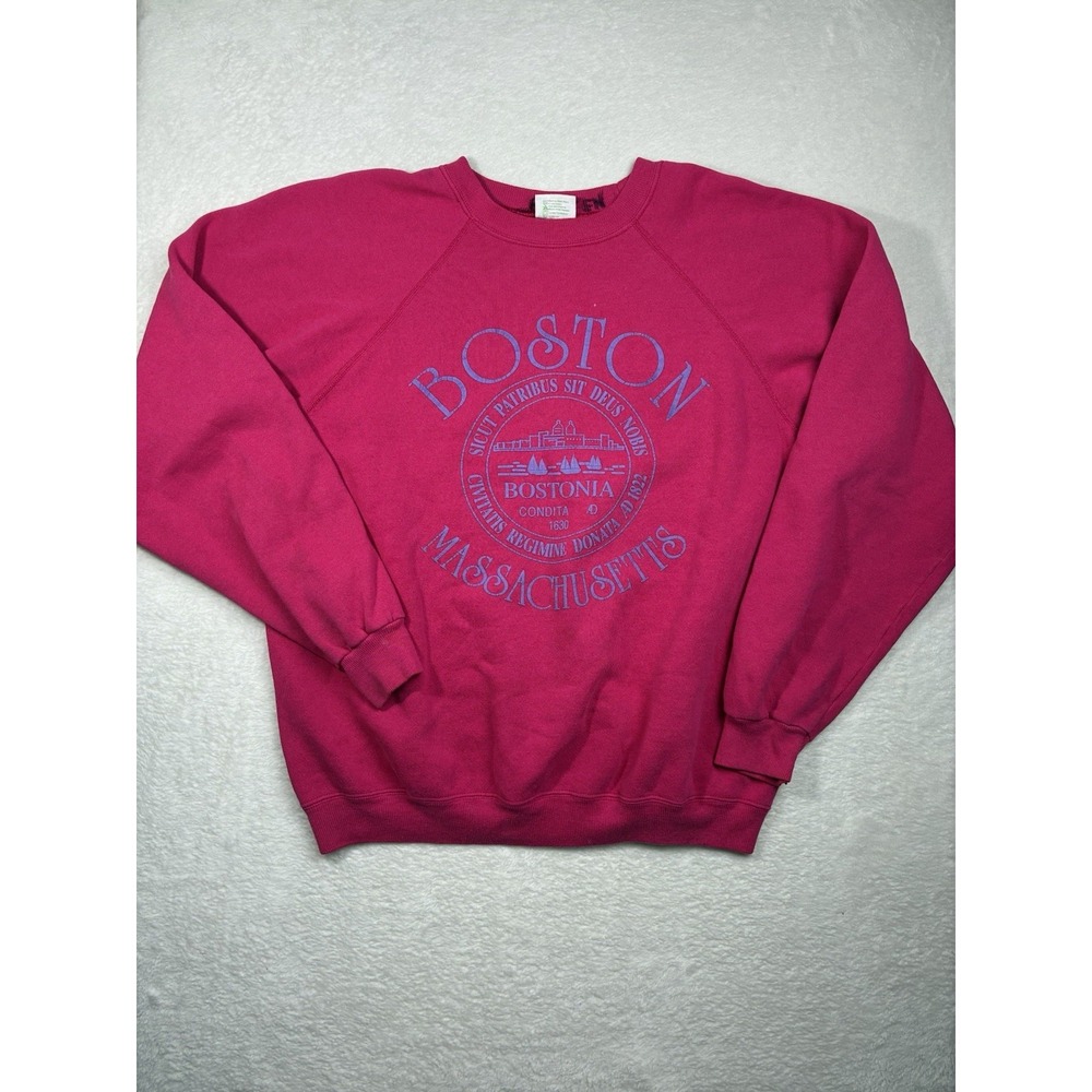 Vintage Hanes Boston MA 80s Crest Graphic Crewneck Sweatshirt Sz XL Pink USA